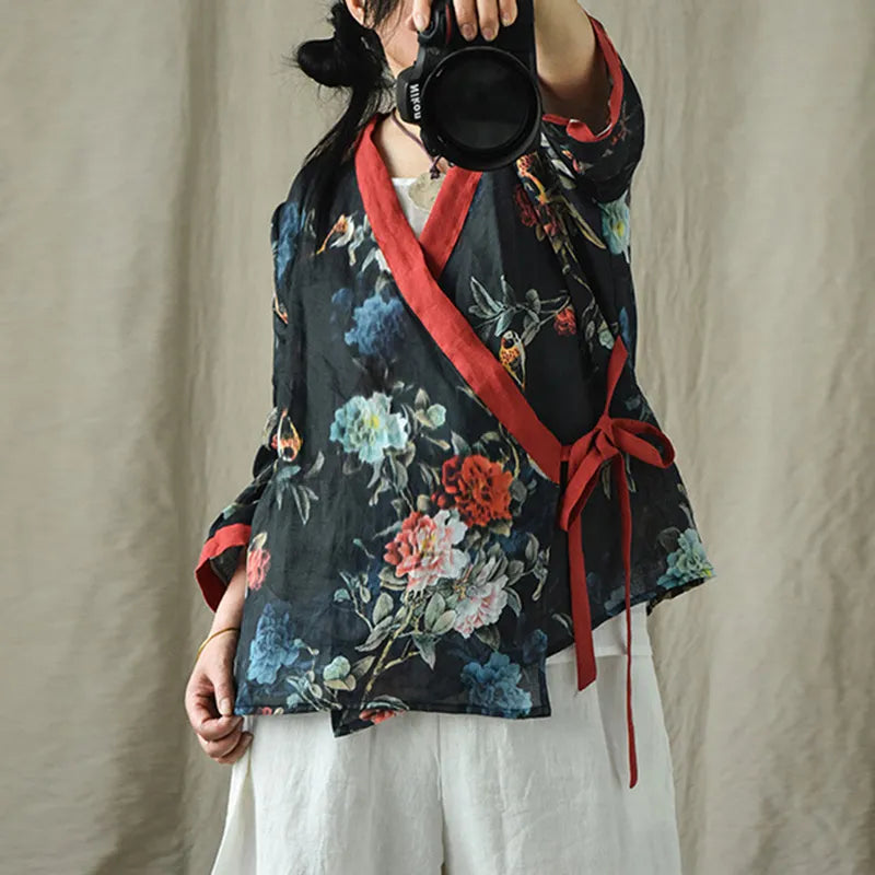 Cotton & Linen Kimono with Vintage Print-SimpleModerne