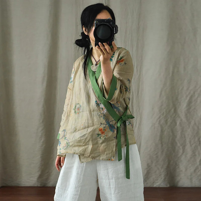 Cotton & Linen Kimono with Vintage Print-SimpleModerne