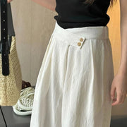 Cream White Cotton/Linen Trousers with Asymmetrical Waistline-SimpleModerne