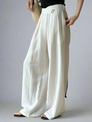 Cream White Cotton/Linen Trousers with Asymmetrical Waistline-SimpleModerne