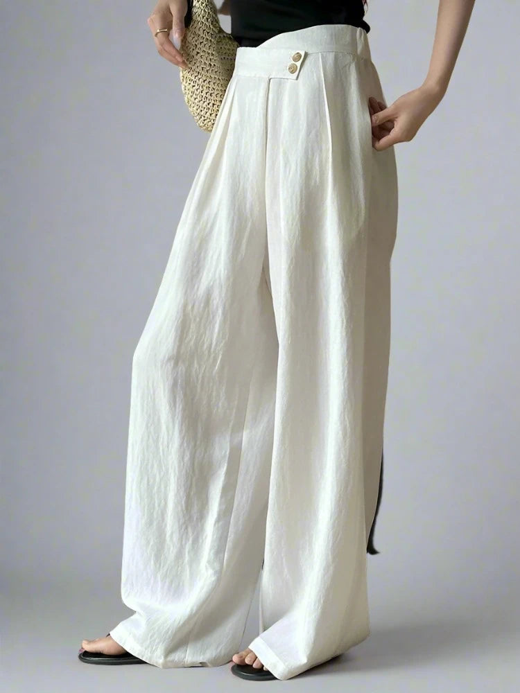 Cream White Cotton/Linen Trousers with Asymmetrical Waistline-SimpleModerne