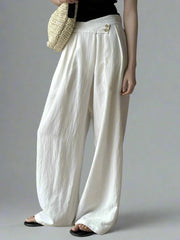 Cream White Cotton/Linen Trousers with Asymmetrical Waistline-SimpleModerne