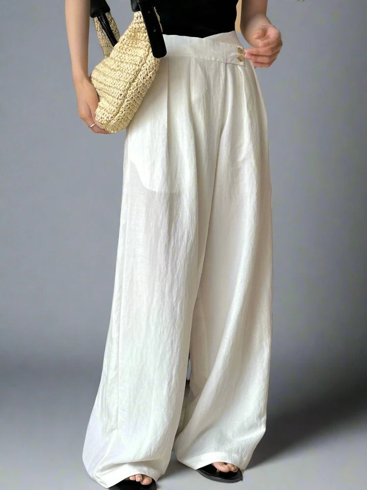 Cream White Cotton/Linen Trousers with Asymmetrical Waistline-SimpleModerne