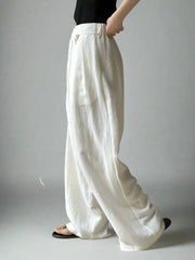 Cream White Cotton/Linen Trousers with Asymmetrical Waistline-SimpleModerne