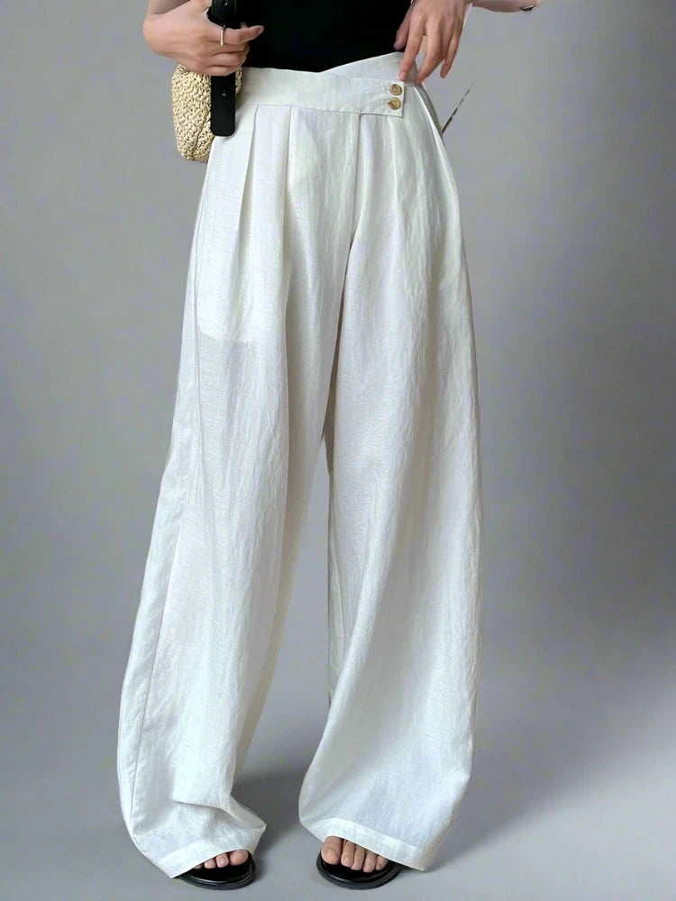 Cream White Cotton/Linen Trousers with Asymmetrical Waistline-SimpleModerne