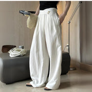 Cream White Cotton/Linen Trousers with Asymmetrical Waistline-SimpleModerne