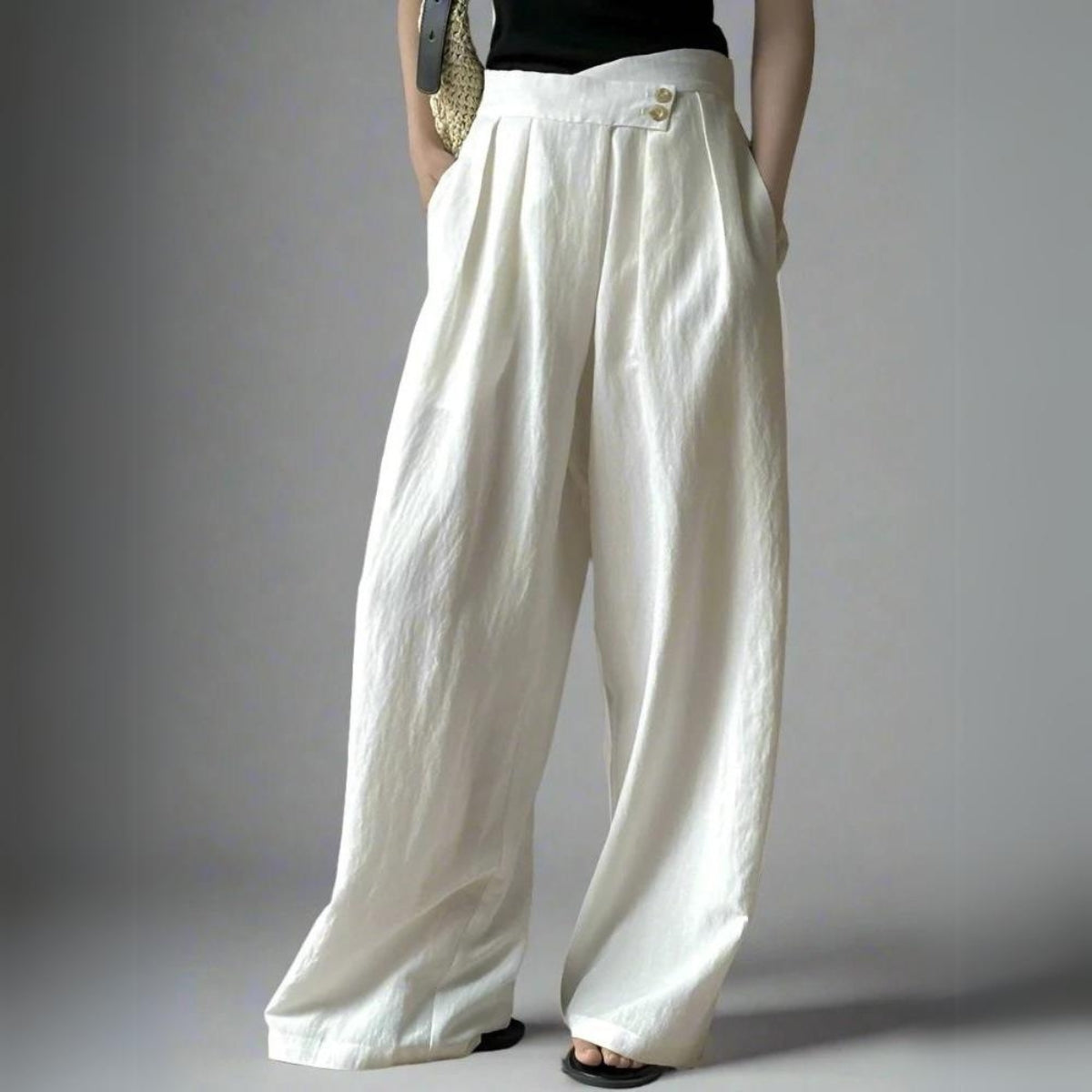 Cream White Cotton/Linen Trousers with Asymmetrical Waistline-SimpleModerne