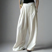 Cream White Cotton/Linen Trousers with Asymmetrical Waistline-SimpleModerne