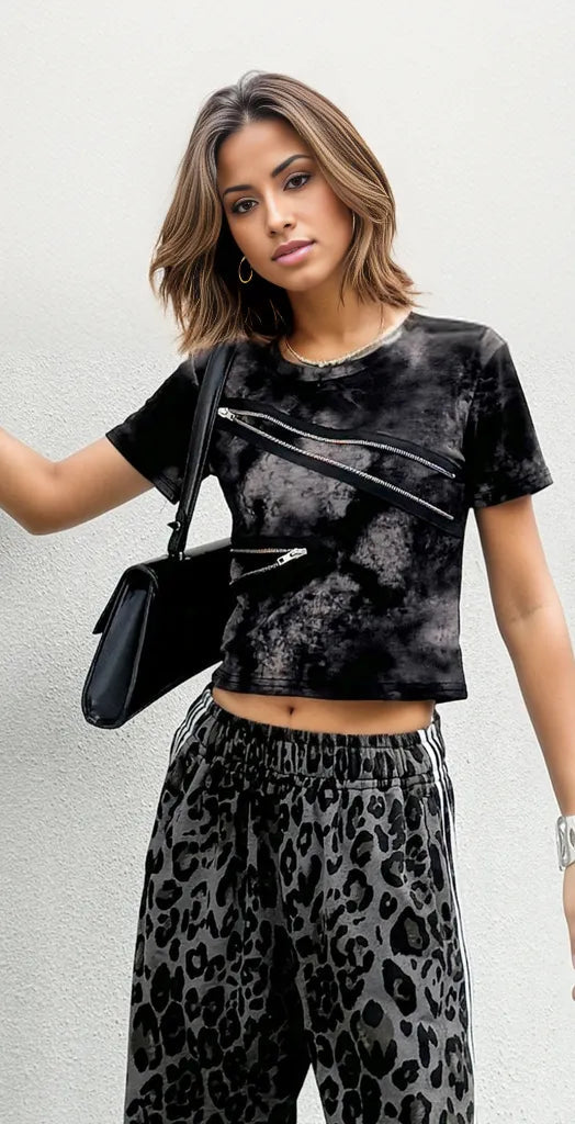 Edgy Tie-Dye Crop T-Shirt with Zipper Decoration-SimpleModerne