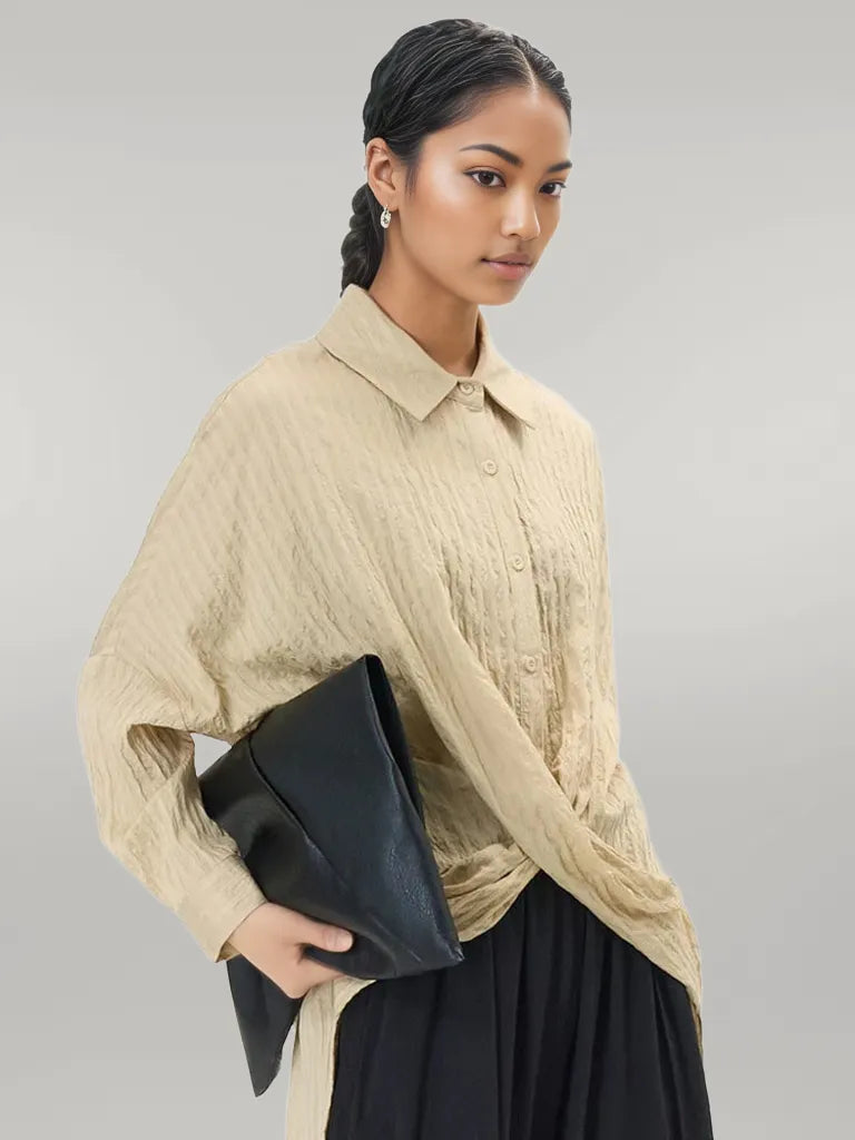 Elegant Beige Shirt Blouse with Button Closure and Draped Design - Oversized Fit-SimpleModerne