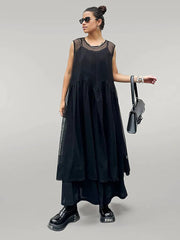 Elegant Black Chiffon Overlay Dress with Asymmetrical Hem and Sheer Mesh Design-SimpleModerne