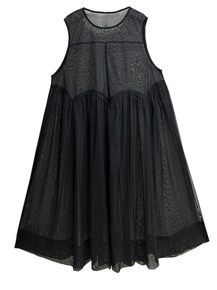 Elegant Black Chiffon Overlay Dress with Asymmetrical Hem and Sheer Mesh Design-SimpleModerne