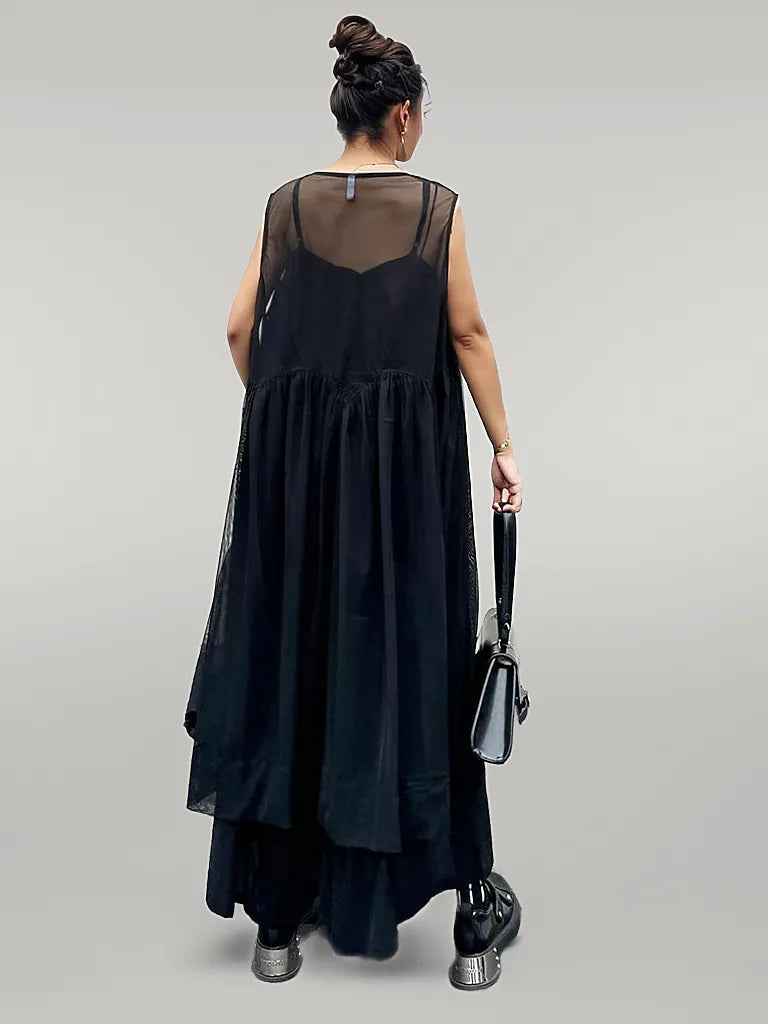 Layered Elegance: Sheer Black Gothic-Inspired Overlay Dress-SimpleModerne