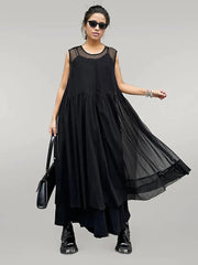 Elegant Black Chiffon Overlay Dress with Asymmetrical Hem and Sheer Mesh Design-SimpleModerne