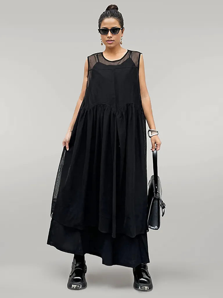 Layered Elegance: Sheer Black Gothic-Inspired Overlay Dress-SimpleModerne