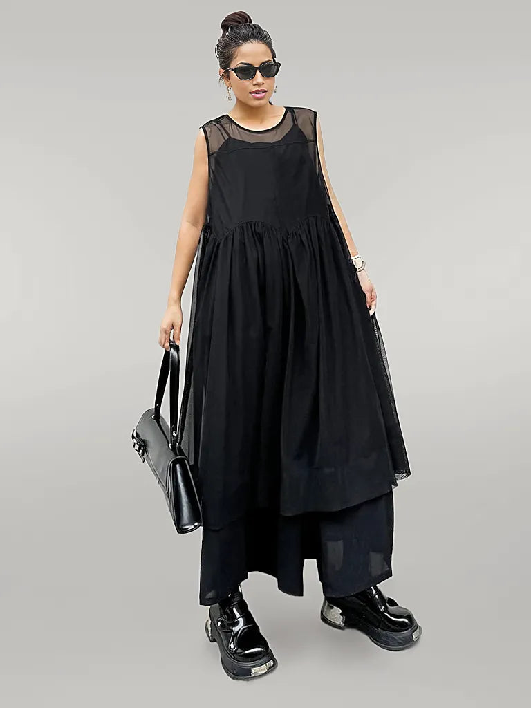 Layered Elegance: Sheer Black Gothic-Inspired Overlay Dress-SimpleModerne