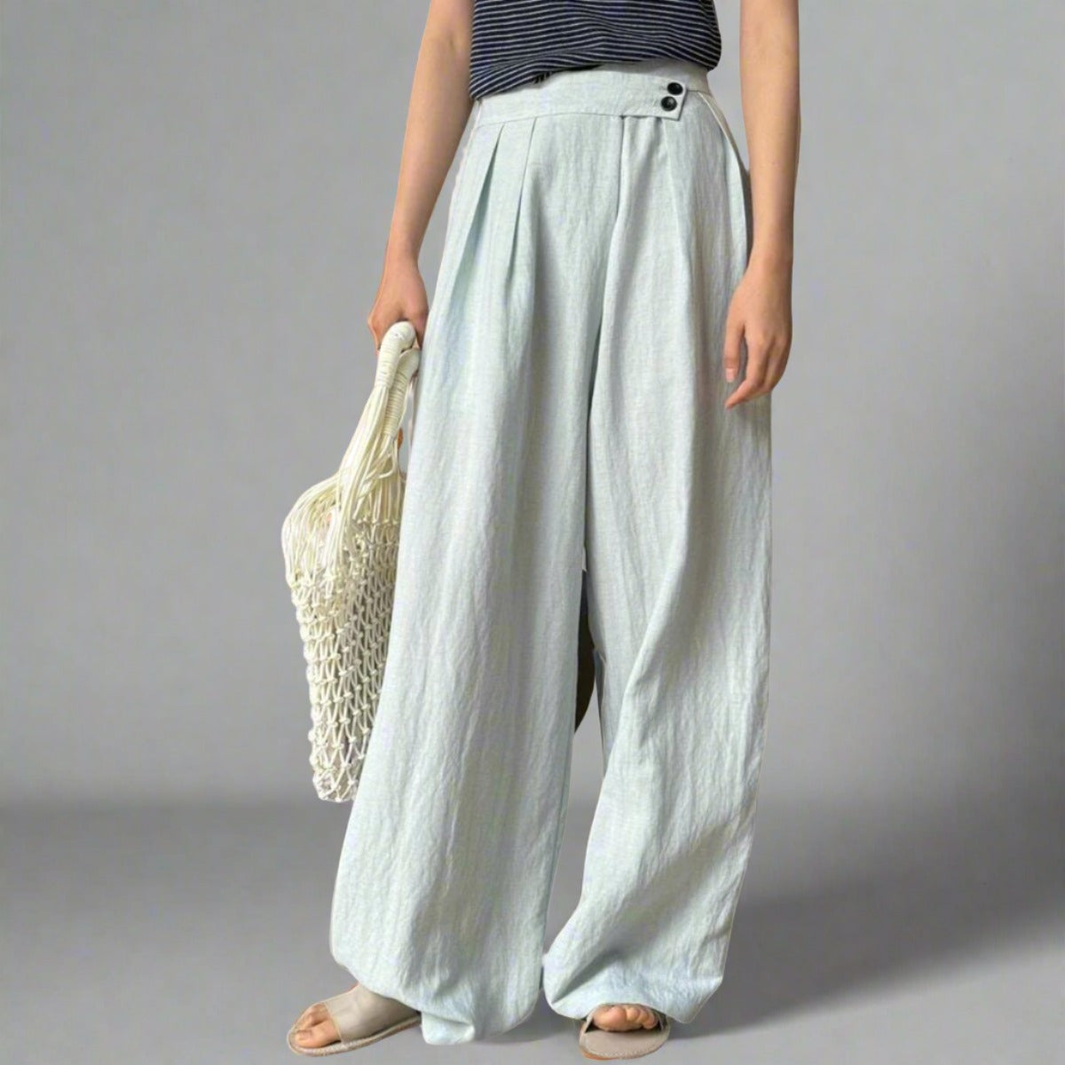 Elegant Pastel Blue Wide-Leg Linen Trousers with Asymmetrical Waist-SimpleModerne