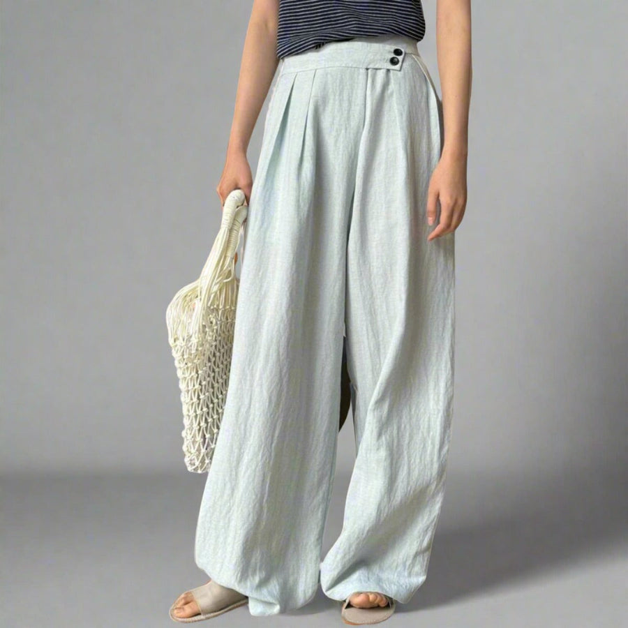 Elegant Pastel Blue Wide-Leg Linen Trousers with Asymmetrical Waist-SimpleModerne