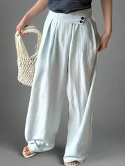 Elegant Pastel Blue Wide-Leg Linen Trousers with Asymmetrical Waist-SimpleModerne