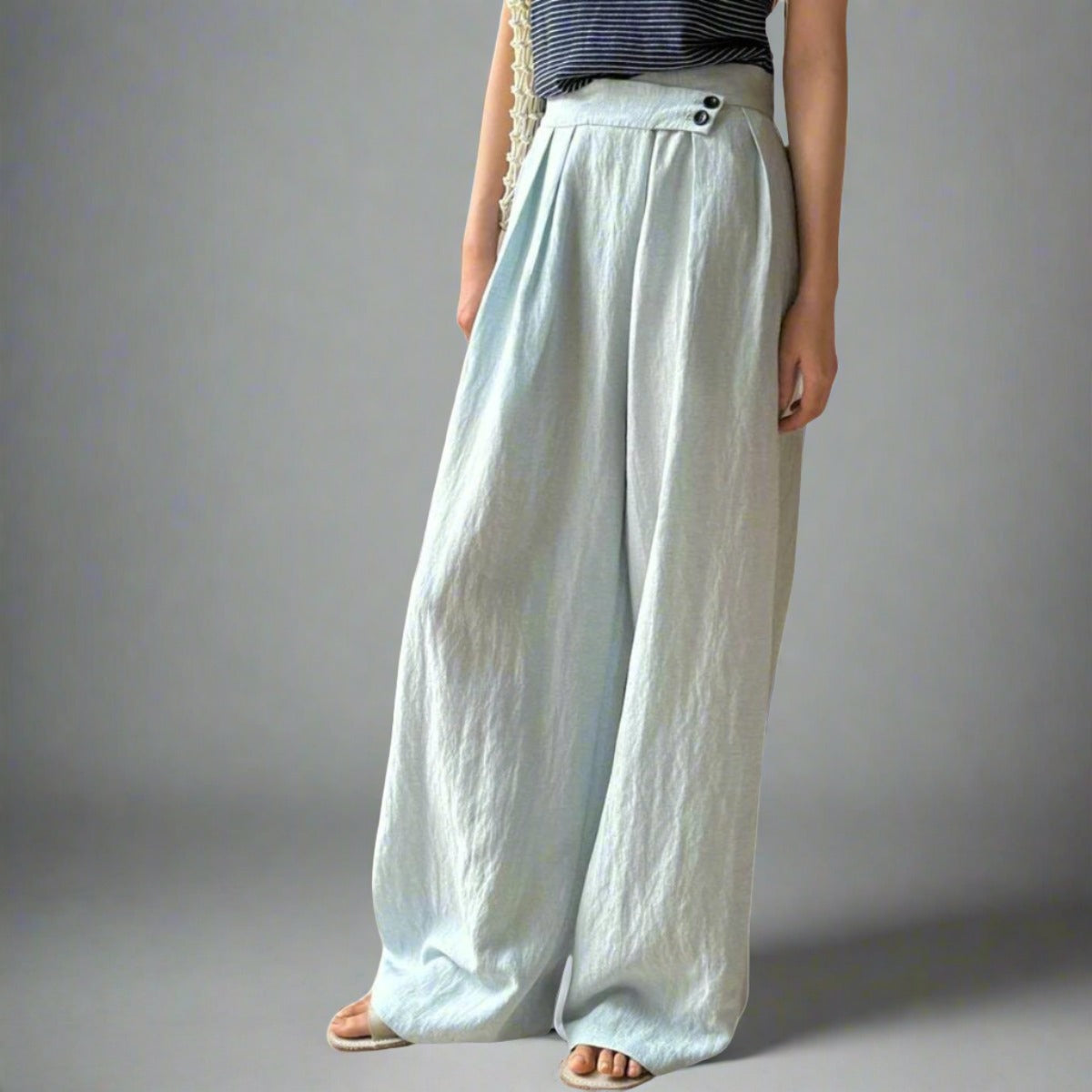 Elegant Pastel Blue Wide-Leg Linen Trousers with Asymmetrical Waist-SimpleModerne