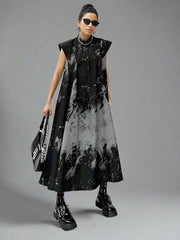 Gothic Sleeveless Tie-Dye Print Dress with Mandarin Collar-SimpleModerne