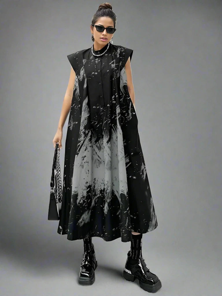 Gothic Sleeveless Tie-Dye Print Dress with Mandarin Collar-SimpleModerne