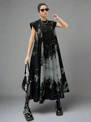 Gothic Sleeveless Tie-Dye Print Dress with Mandarin Collar-SimpleModerne