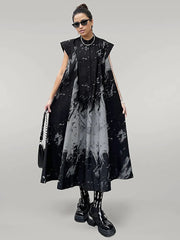 Gothic Sleeveless Tie-Dye Print Dress with Mandarin Collar-SimpleModerne