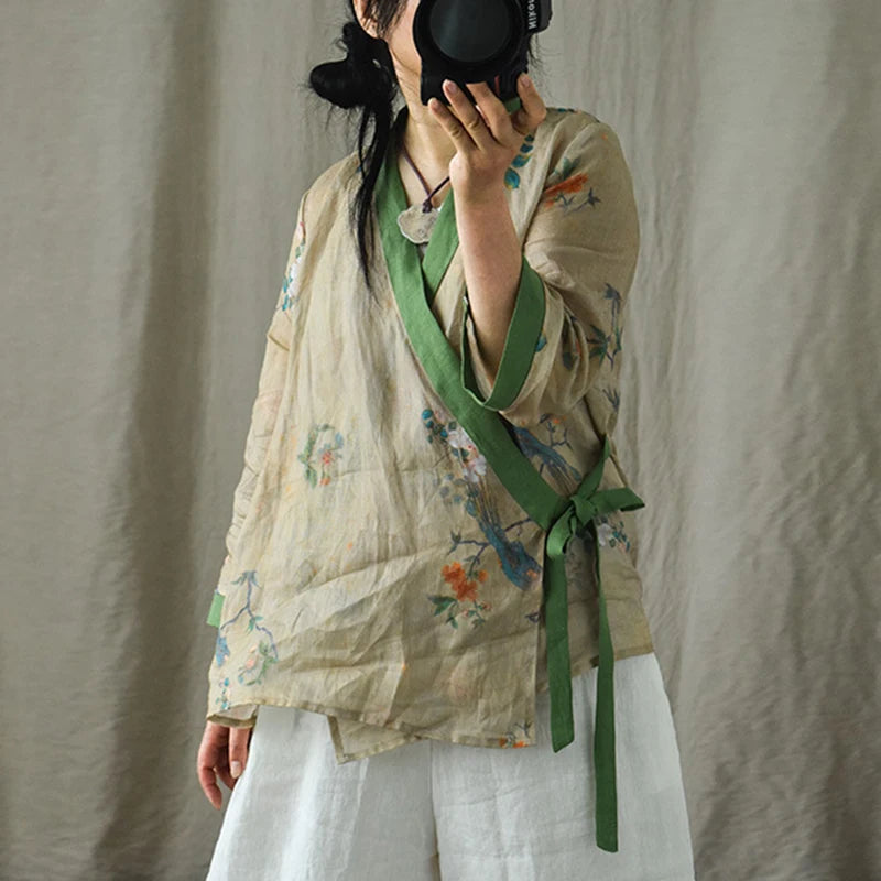 Cotton & Linen Kimono with Vintage Print-SimpleModerne