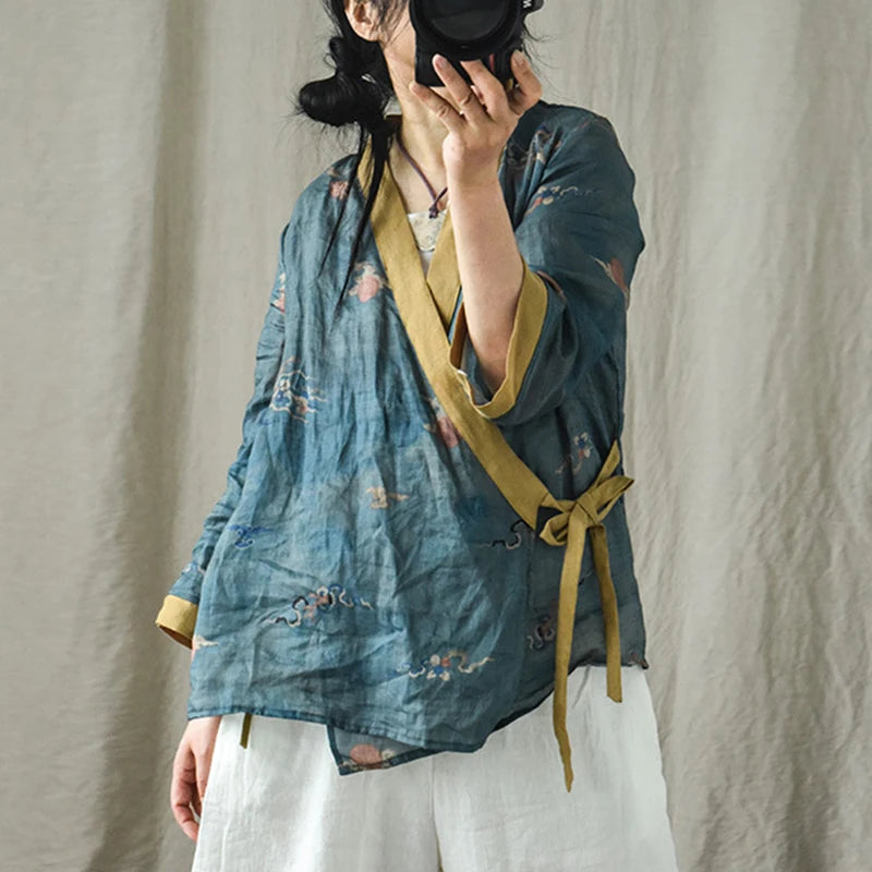 Cotton & Linen Kimono with Vintage Print-SimpleModerne