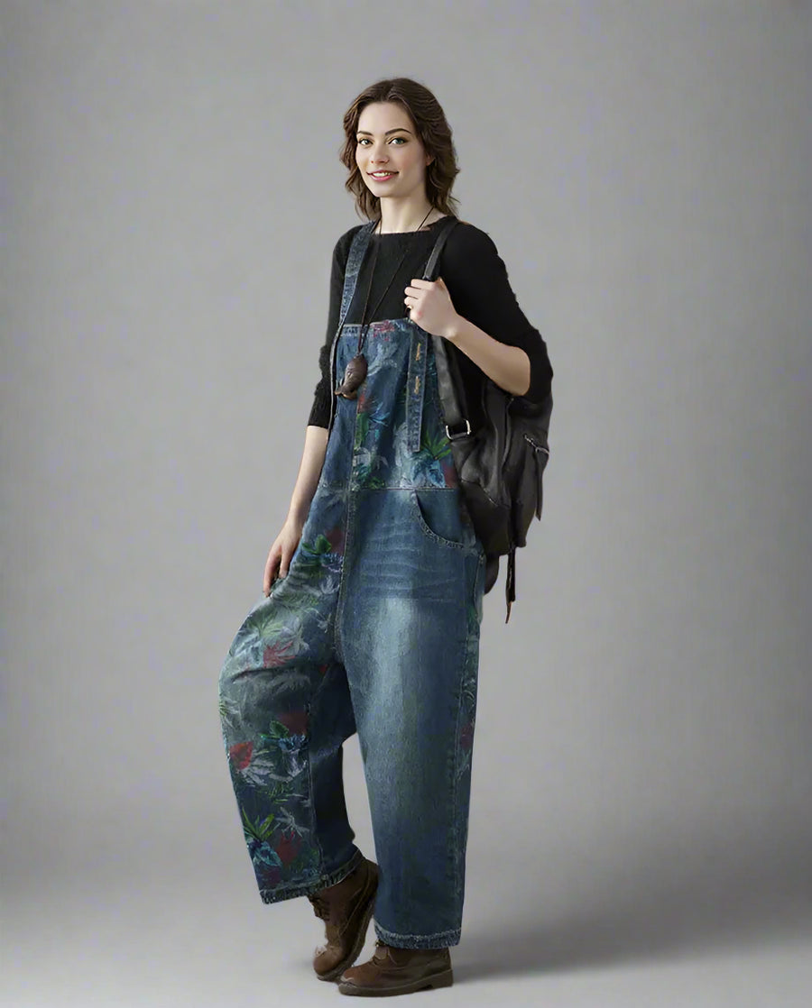 Vintage Floral Print Denim Overalls - Relaxed Fit & Unique Wash-SimpleModerne