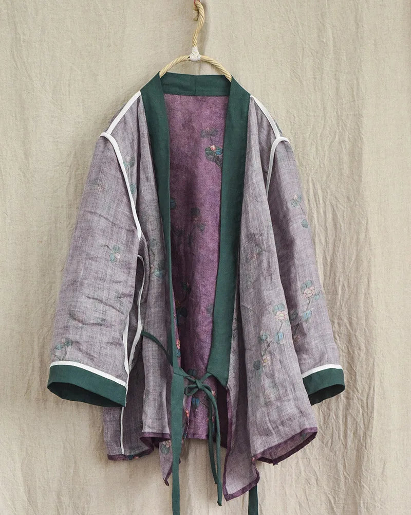 Cotton & Linen Kimono with Vintage Print-SimpleModerne