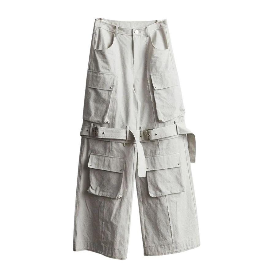 High Waist Long Cargo Pants in Beige - Two Ways Wear with Pockets and Buckle-SimpleModerne