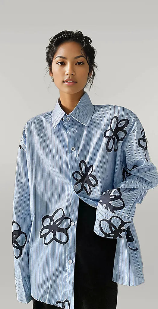 Jazz Up Blue Shirt with Flower Print-SimpleModerne