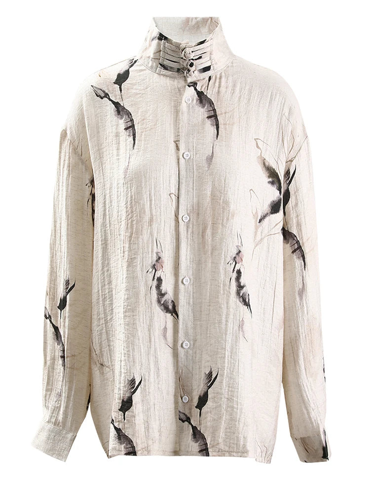 Jazz Up Khaki Shirt-Blouse with Vintage Print-SimpleModerne