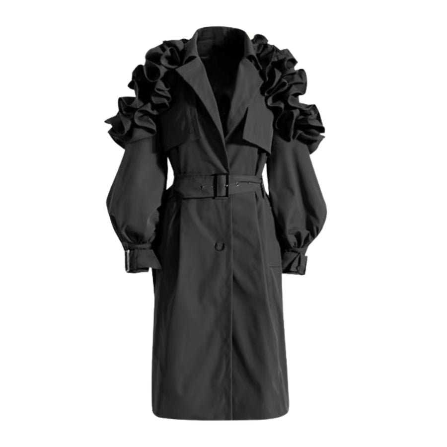 Jazz Up Ruffled Sleeve Black Trench Coat-SimpleModerne