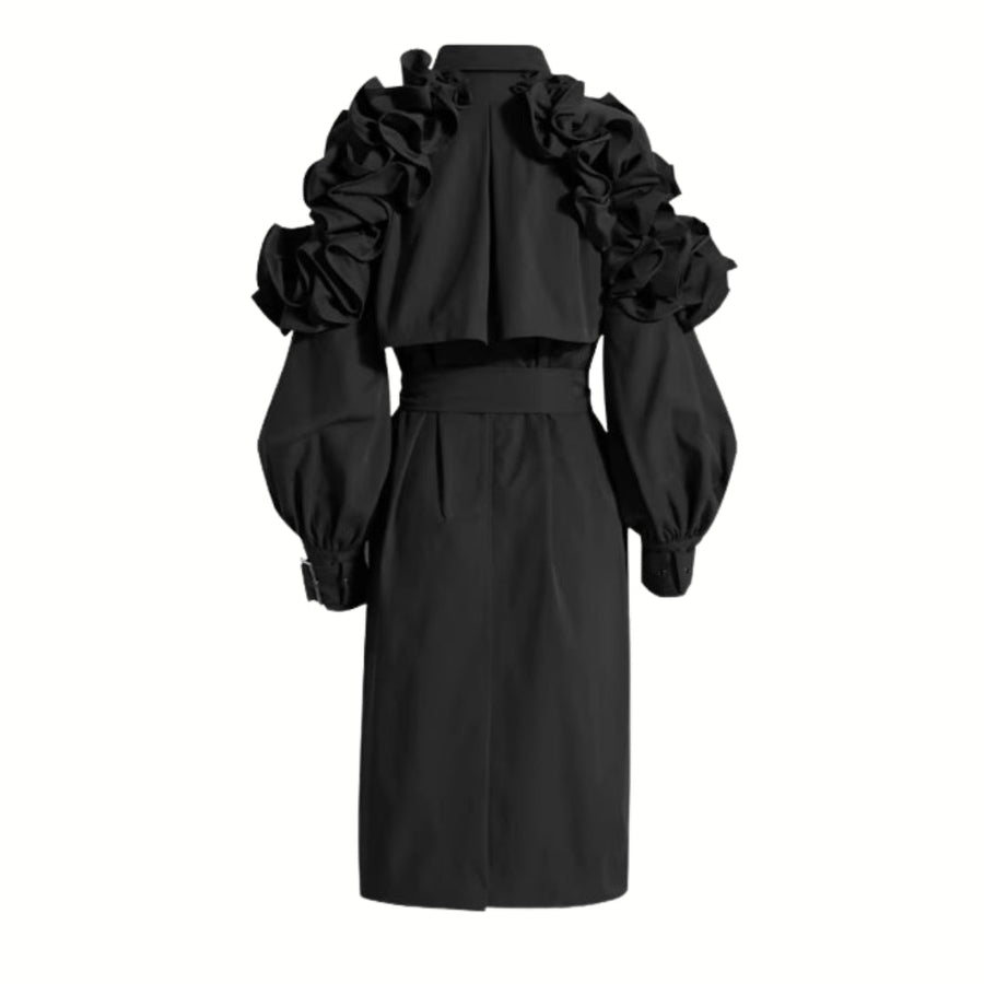 Jazz Up Ruffled Sleeve Black Trench Coat-SimpleModerne