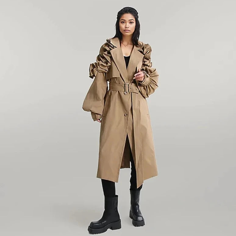 Jazz Up Ruffled Sleeve Khaki Trench Coat-SimpleModerne