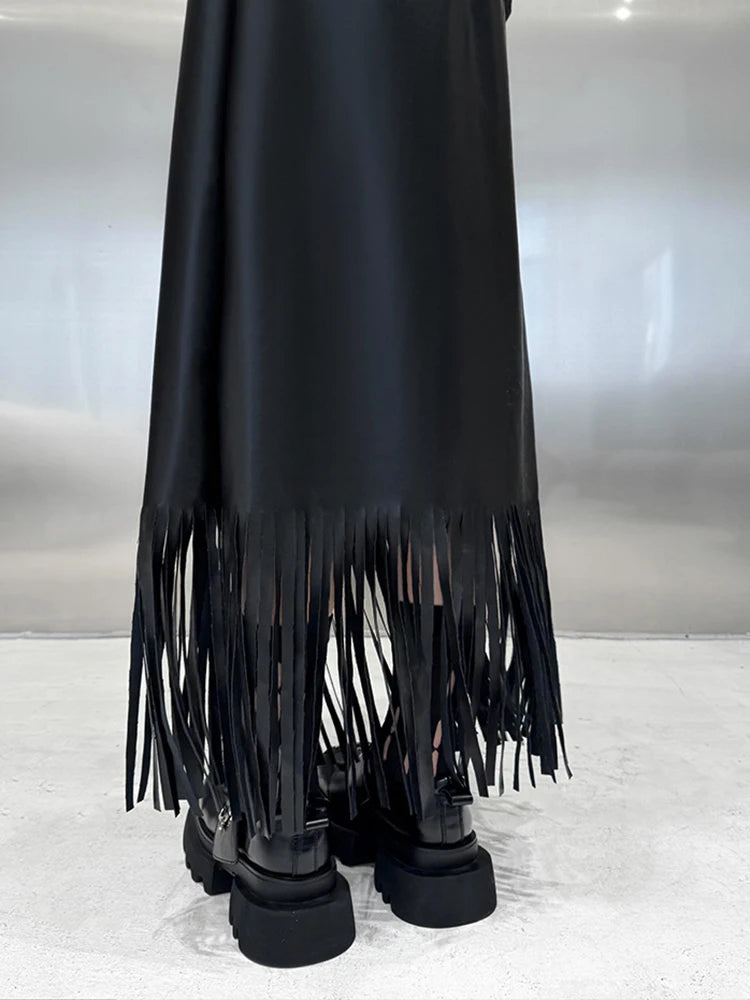 Limited Edition Vegan Leather Tassel Skirt - Mid-Calf A-Line-SimpleModerne