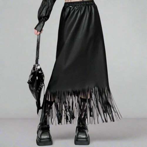 Limited Edition Vegan Leather Tassel Skirt - Mid-Calf A-Line-SimpleModerne