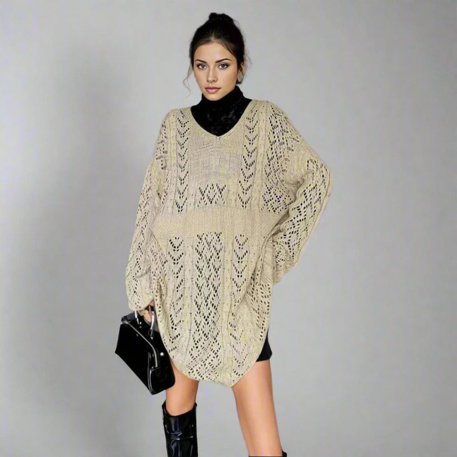 Loose-Fitting V-Neck Sweater - Casual Knit with Full Sleeves-SimpleModerne