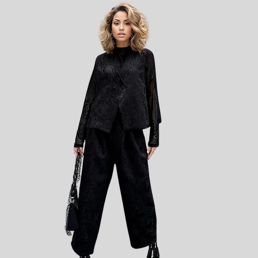 Miss Office Punk Black Brocade Trousers and Vest Set-SimpleModerne