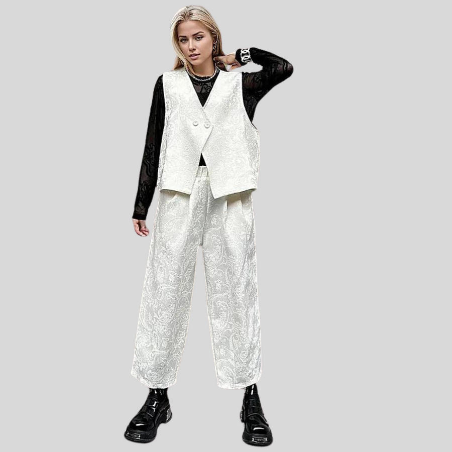 Miss Office Punk Ivory Brocade Trousers and Vest Set-SimpleModerne