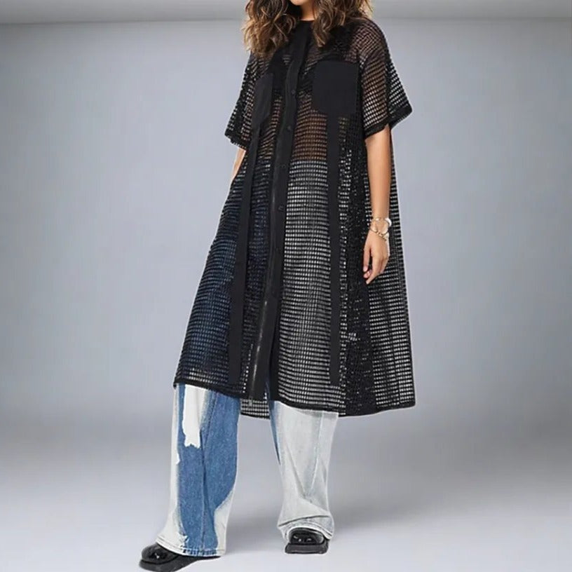 Oversized Fit Maxi Net Shirt-SimpleModerne