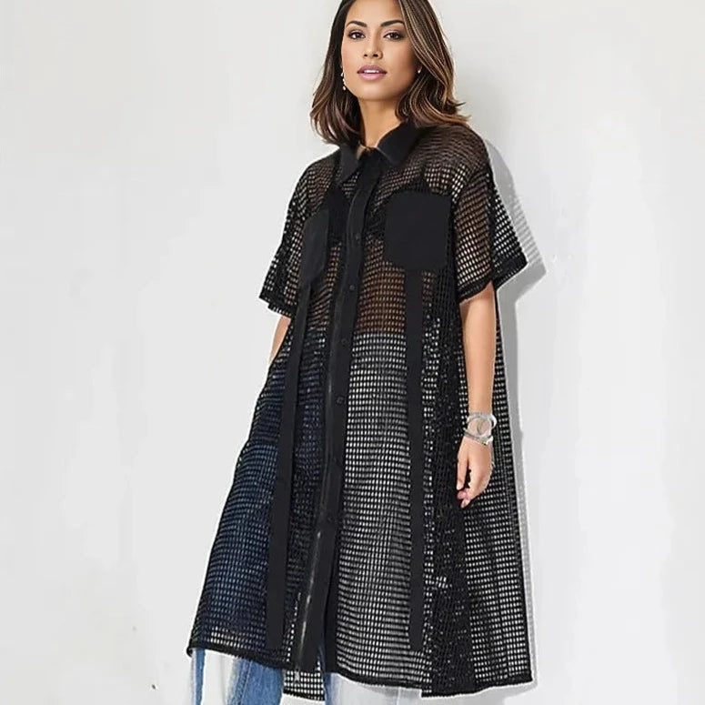 Oversized Fit Maxi Net Shirt-SimpleModerne