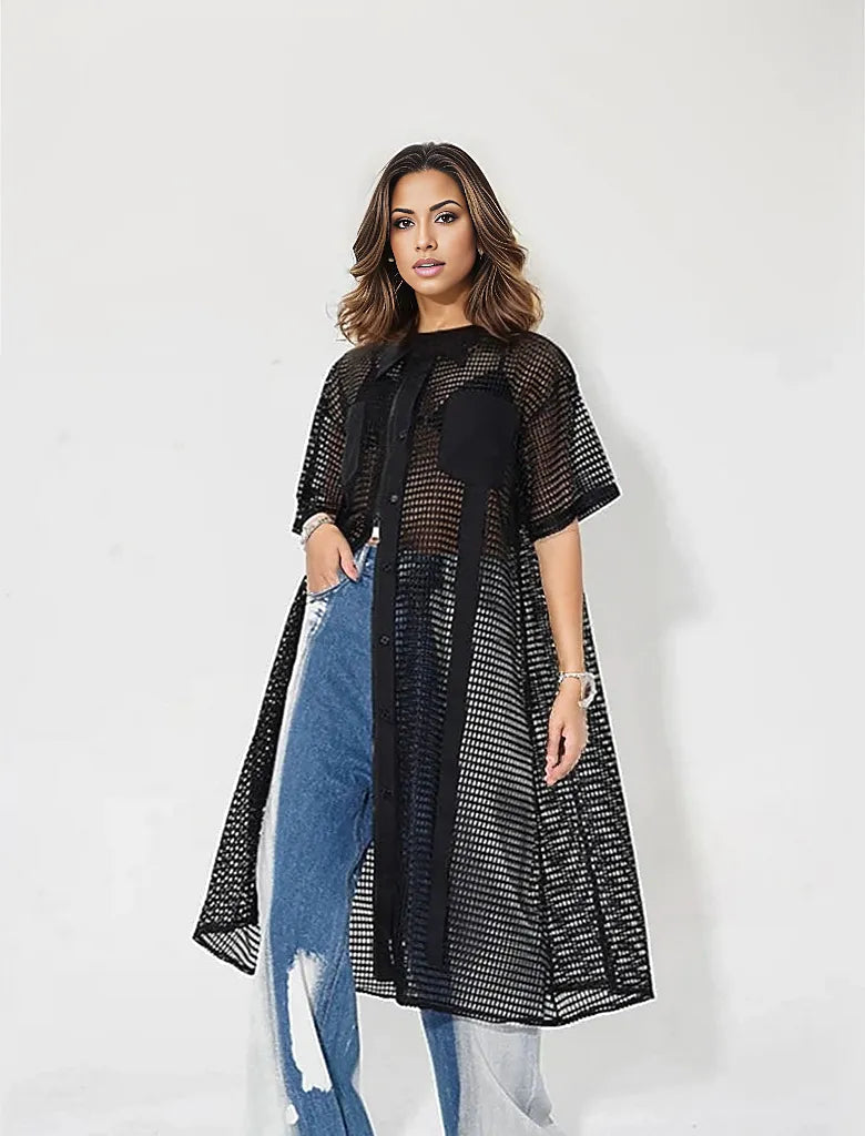 Oversized Fit Maxi Net Shirt-SimpleModerne