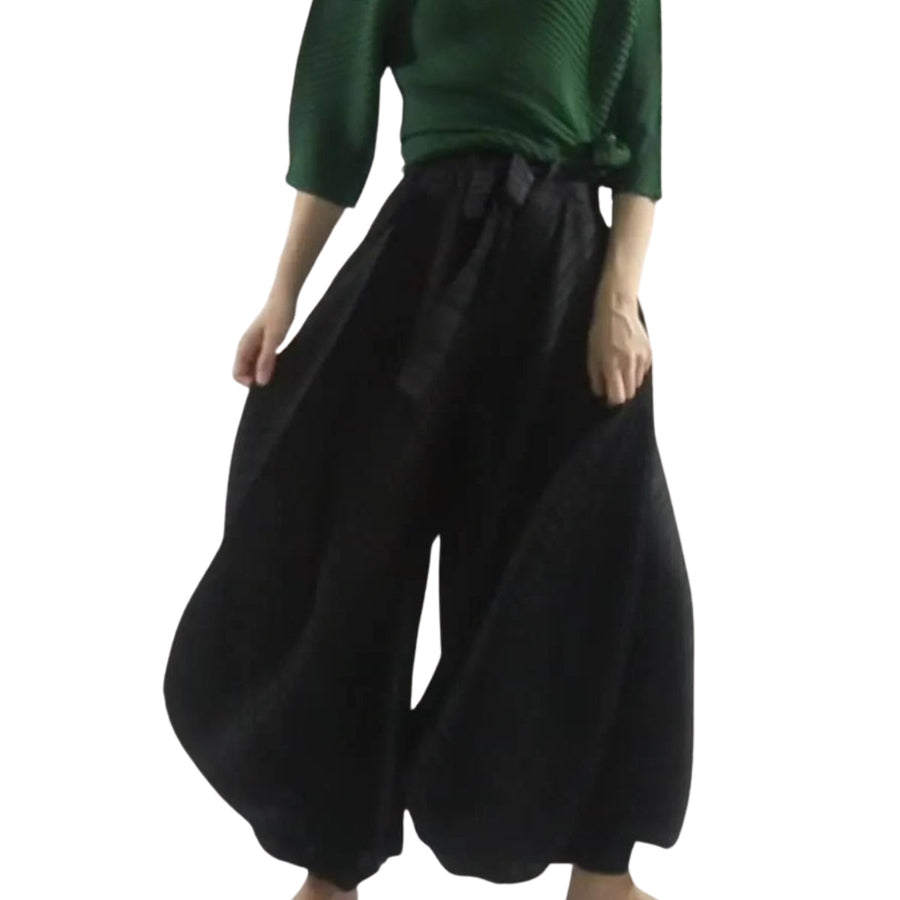 Pleated Design Black Wide Legged Trousers-SimpleModerne