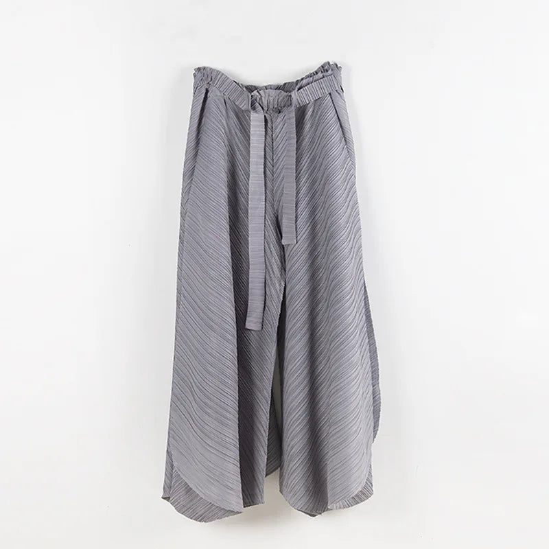 Pleated Design Gray Wide Legged Trousers-SimpleModerne