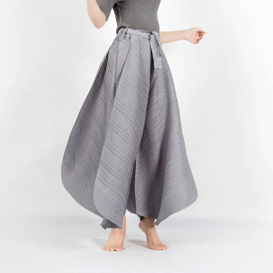 Pleated Design Gray Wide Legged Trousers-SimpleModerne