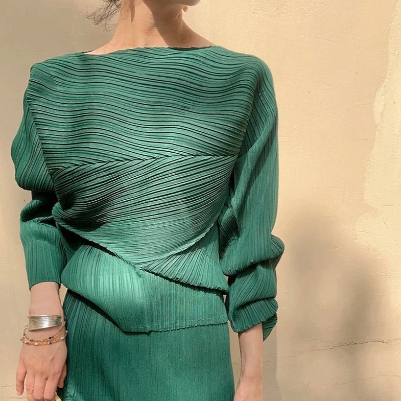 Pleated Design Green Shirt-SimpleModerne